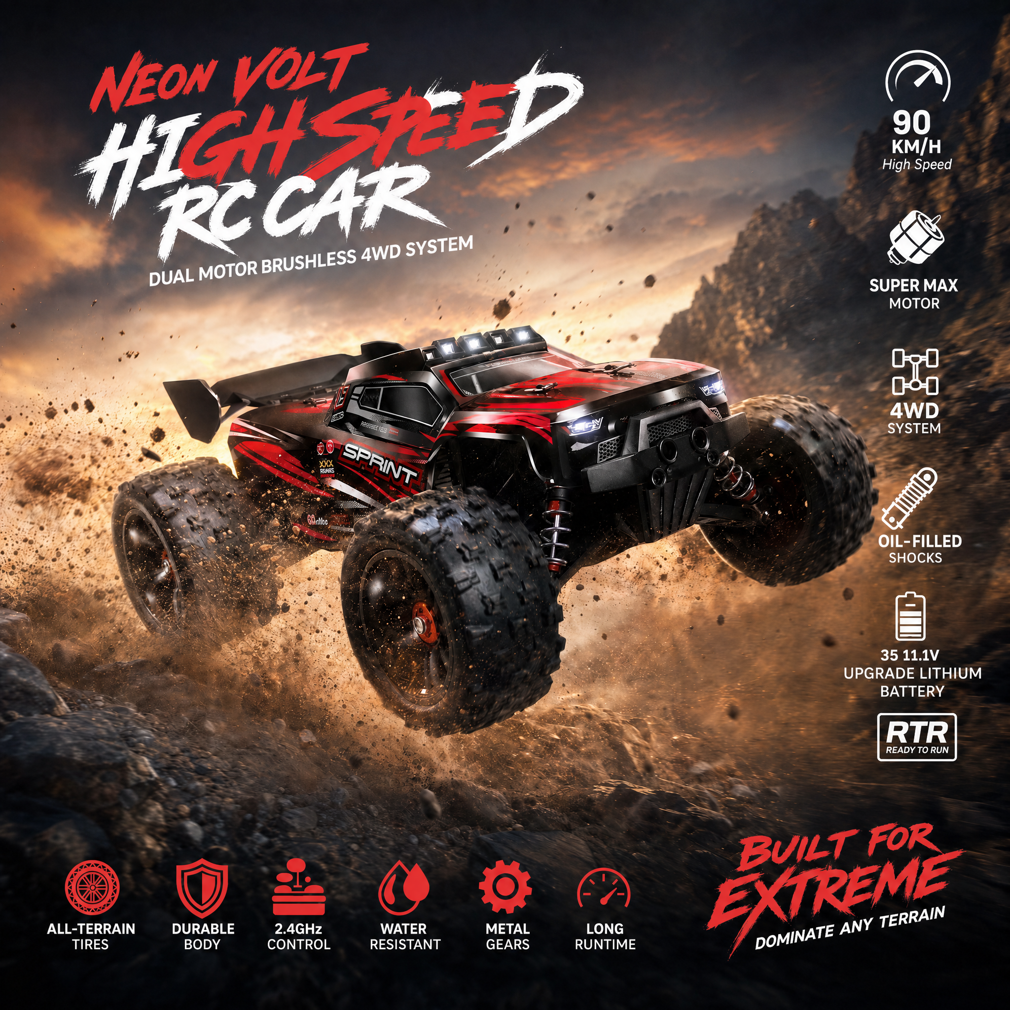 VenuVolt Raptor RC truck side profile showing off-road tires and suspension