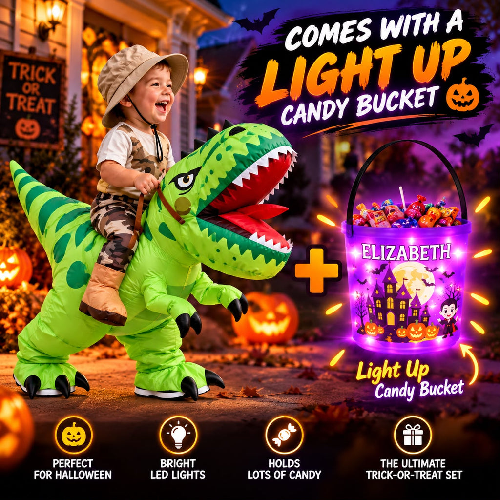Kids Inflatable Riding Dinosaur Costume + Light-Up Candy Bucket – Halloween Edition