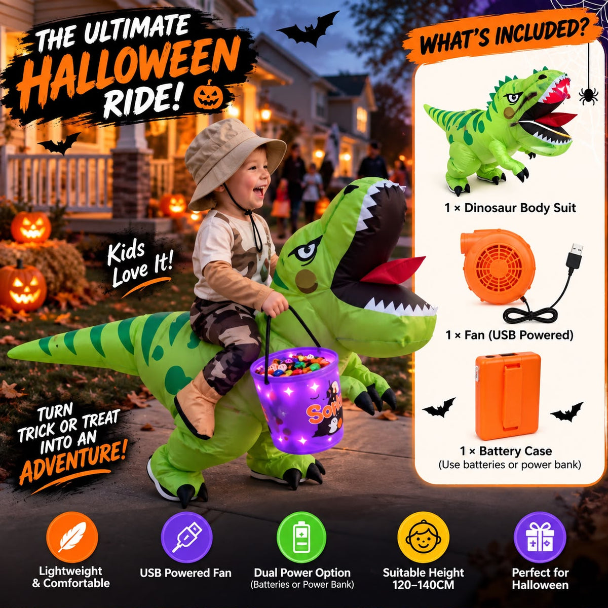 Kids Inflatable Riding Dinosaur Costume + Light-Up Candy Bucket – Halloween Edition