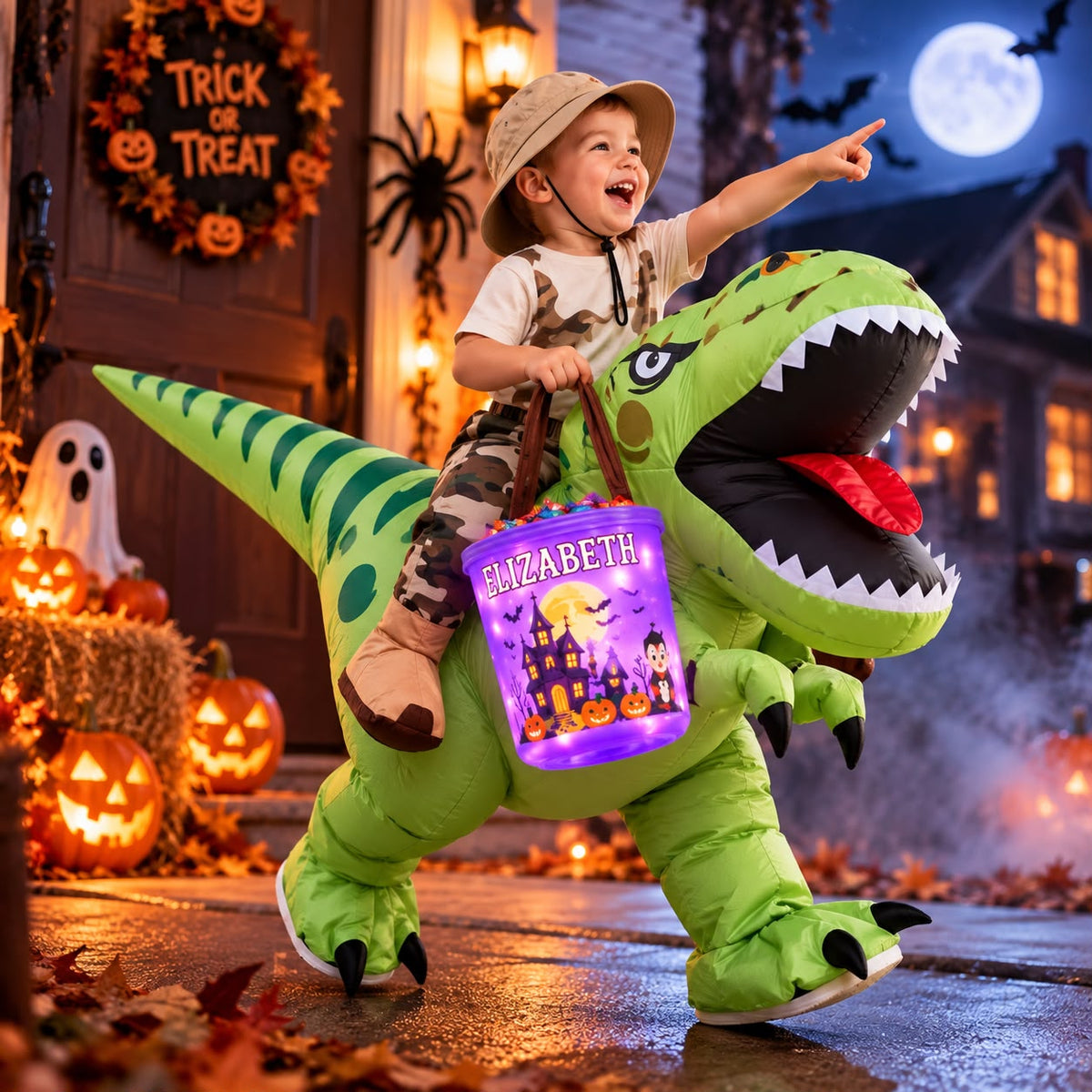 Kids Inflatable Riding Dinosaur Costume + Light-Up Candy Bucket – Halloween Edition