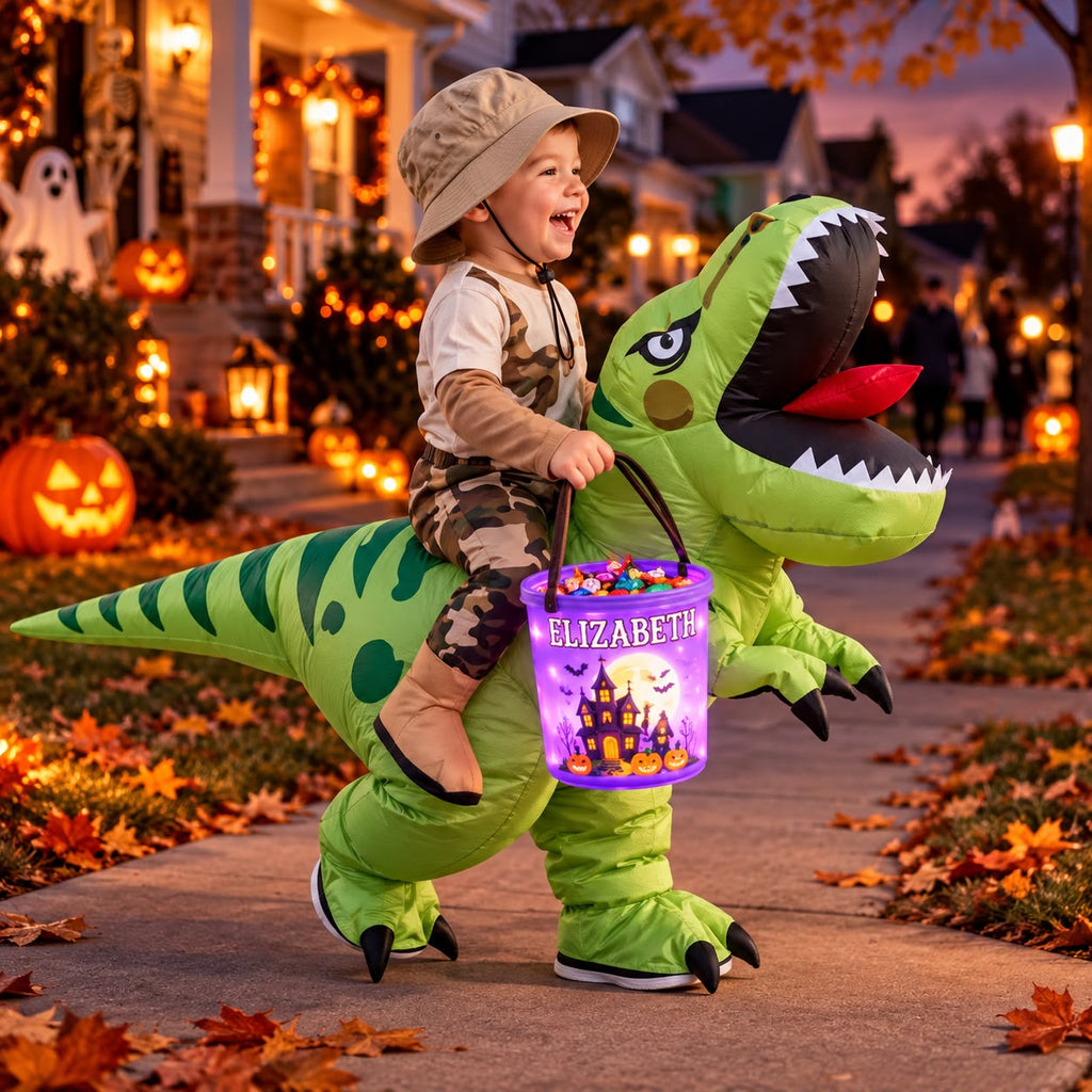 Kids Inflatable Riding Dinosaur Costume + Light-Up Candy Bucket – Halloween Edition